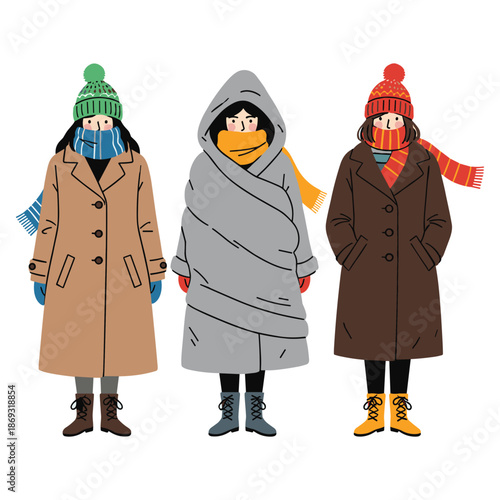 Three people bundled up in winter clothes Vector