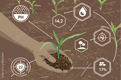  Hand holding soil, futuristic agriculture interface, holographic icons, pH balance, temperature control, moisture levels, nutrient analysis, smart farming technology, brown earth background, close-