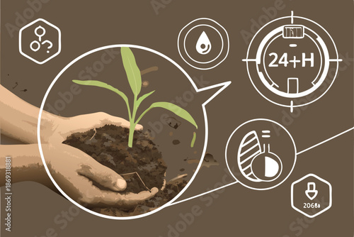  Hand holding soil, futuristic agriculture interface, holographic icons, pH balance, temperature control, moisture levels, nutrient analysis, smart farming technology, brown earth background, close-