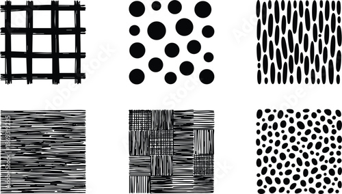 Black and white abstract textured patterns including grid dots stripes scratches and irregular shapes in minimalist vector art design set