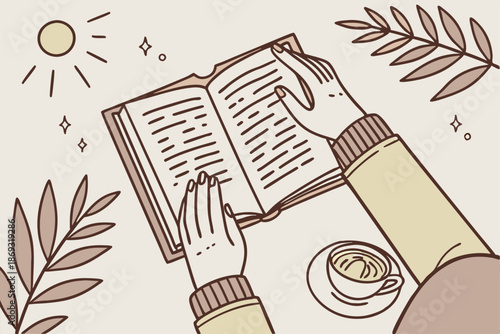  Close-up of hands holding open book, sunlight streaming, intimate reading moment, cozy sweater sleeves, soft focus photography, muted colors, vintage aesthetic, literary atmosphere, contemplative m