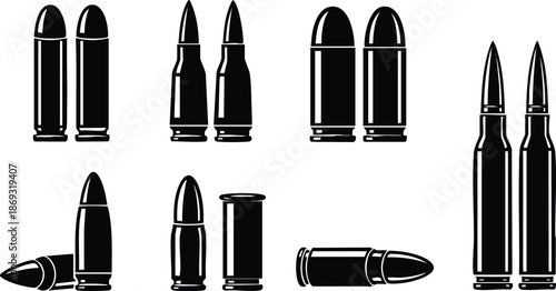 Black silhouette vector art of multiple types of bullets including pistol and rifle cartridges arranged side by side on white background minimalist icon set