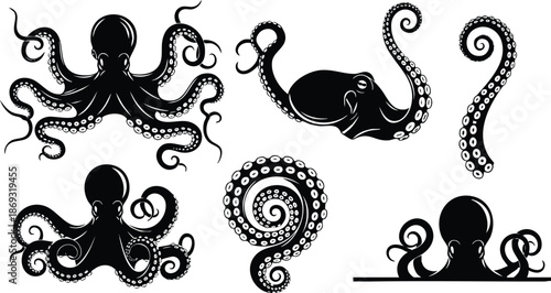 Black octopus vector art showing variety of tentacles and heads in different curled positions with detailed suckers and isolated on white background with simple flat design