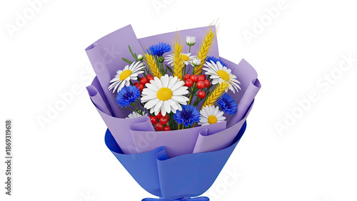 Bouquet of Daisies, Cornflowers, Wheat, and Berries in Blue and Purple Wrapping