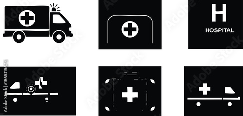 Black silhouette medical icons set ambulance hospital emergency vehicle cross symbol stretcher flat design health care transport concept collection