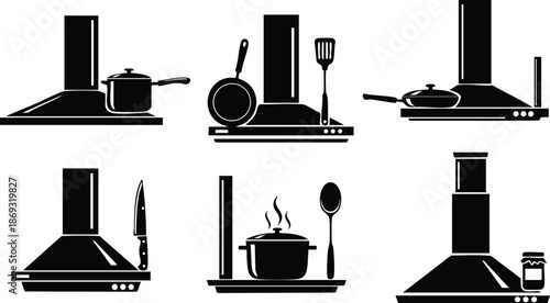 Black silhouette vector icons showing kitchen stove hoods with saucepan frying pan knife spatula spoon and jar cooking utensils isolated on white background