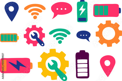 colorful vector drawn gadget icons and digital web symbols set with battery wifi gear and message isolated background