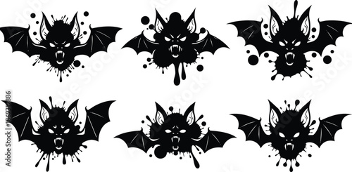 Spooky ink bat heads set six silhouettes with dripping splatter wings close up snarling fangs looking forward halloween emblem gothic tattoo style vector art monochrome bold