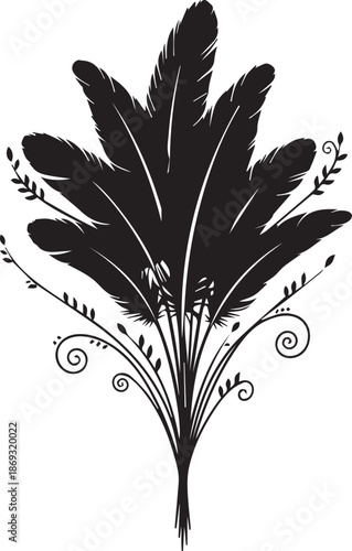 Elegant black feather silhouette with swirling decorative elements