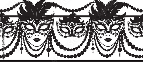 Elegant black masquerade mask border with feathers and beads