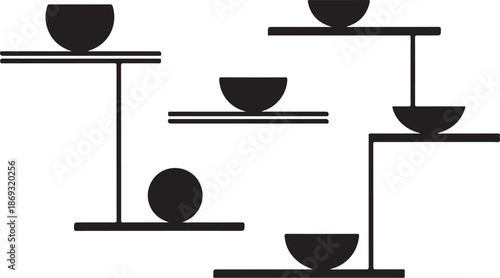 Geometric shapes on abstract platforms in black and white