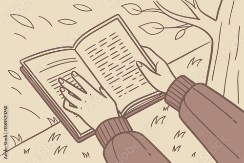  Close-up of hands holding open book, sunlight streaming, intimate reading moment, cozy sweater sleeves, soft focus photography, muted colors, vintage aesthetic, literary atmosphere, contemplative m