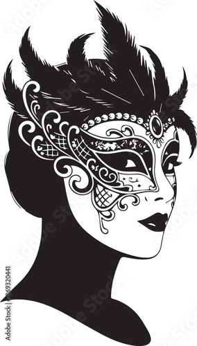 Elegant woman wearing ornate black masquerade mask with feathers