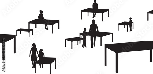 Silhouettes of people sitting at desks in an office setting