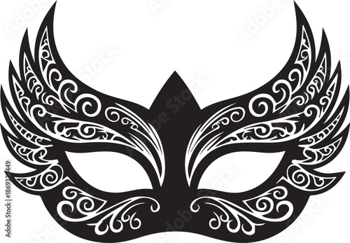 Ornate black masquerade mask with winged design