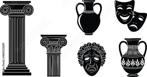Classical greek style column icons with antique amphora vases and expressive theatrical masks in black silhouette design vector art illustration composition