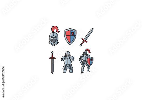 Vector Ilustration Concept Medieval Knight Armor Set - Helmet, Shield, Sword, and Full Body Armor Illustration.