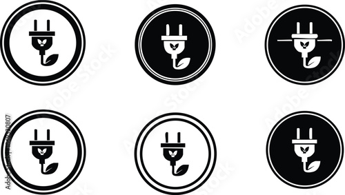 Set of six vector icons showing eco friendly electric plug with leaf symbol inside circular borders black and white minimalist design for green energy concept