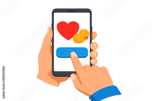 Close-up of hands interacting with a smartphone displaying a heart and coins.