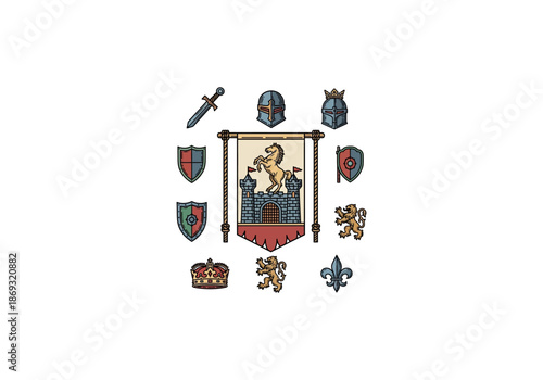 Vector Ilustration Concept Medieval Banner with Horse and Castle, Surrounded by Heraldic Symbols and Royal Emblems.