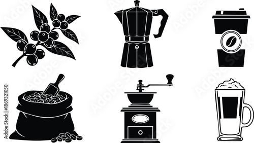 Black silhouette vector art showing coffee branch with berries sack of roasted beans with scoop espresso maker manual grinder to go cup and latte glass with foam top