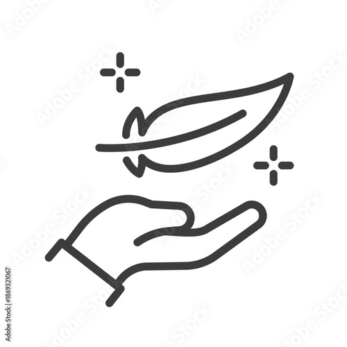 fabric with feather filler icon, feather in hand, lightweight, light or soft provides, linear vector illustration