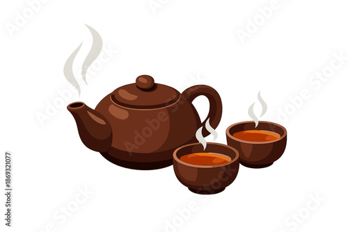 Brown Teapot and Two Cups with Steam