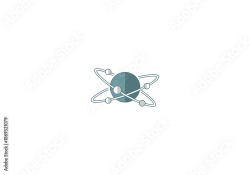 Vector Ilustration Concept Minimalist Atom Icon with Teal Nucleus and Orbiting Light Gray Electrons on Elliptical Paths.