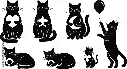 Silhouette style black cats holding heart star moon shapes and playing with balloon in cute playful poses vector art set with minimalistic design and white background