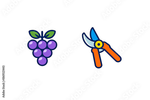 Grapes and pruning shears icons