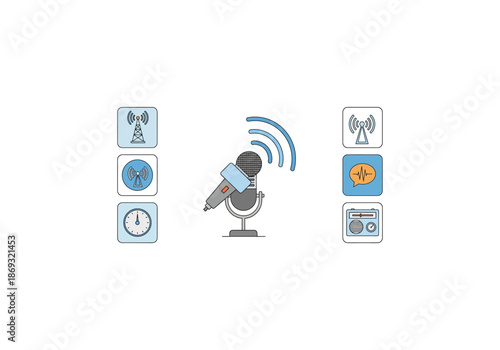 Vector Ilustration Concept Microphone with Sound Waves and Radio Communication Icons, Broadcasting Concept.
