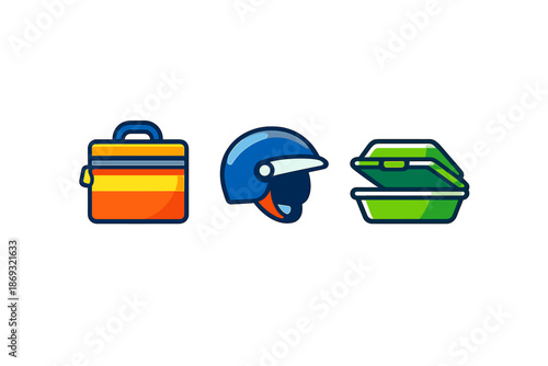 Delivery Icons: Lunchbox, Helmet, and Food Container