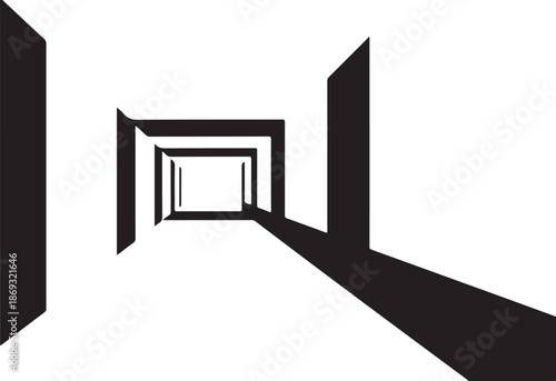 Black and white corridor with geometric shapes and perspective