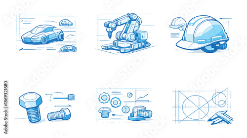 Blueprint concepts: car, robotic arm, hard hat, bolts, tools, and geometric designs