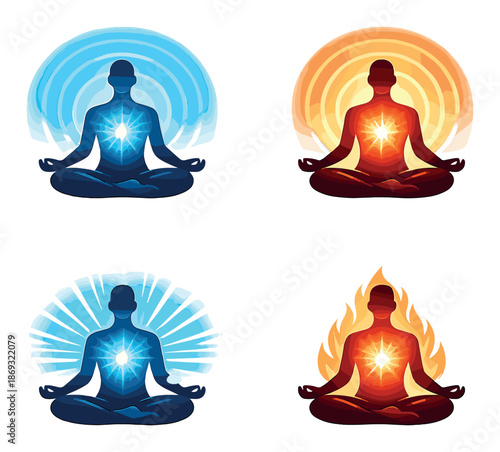 Silhouetted figures meditating with radiant energy centers in vibrant colors