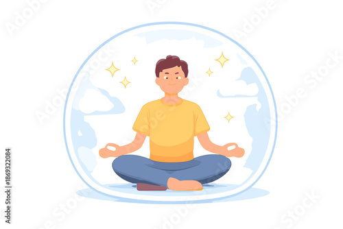 Person meditating in a protective bubble with bright light and stars