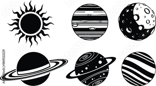 Black and white silhouette vector art of sun earth moon planets with rings and craters isolated on white background detailed circle shapes cosmic space objects design