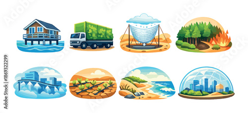 Climate change solutions illustration with sustainable transport and renewable energy