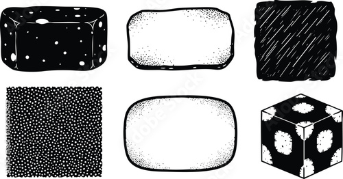 Six different black and white textured squares and cubes showing various dot and line patterns unique close up vector design elements for creative artworks