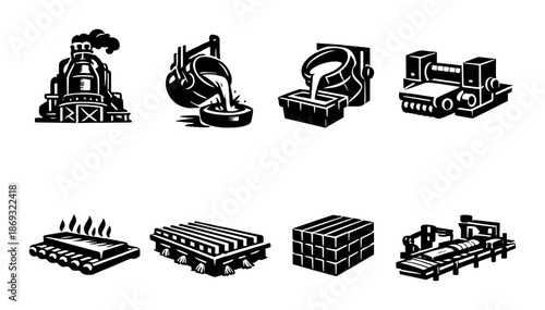 Industrial steel production icons: smelting, pouring, machinery, rolling, packaging