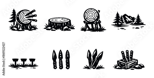 Monochrome outdoor adventure icons in nature with axe, target, knives, and trees