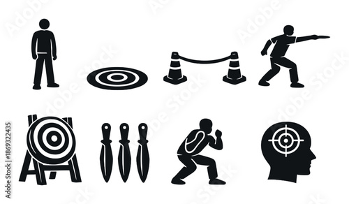 Vector silhouette icons of archery, target practice, and training activities