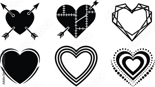 Set of six black heart icons including pierced love arrows broken stitched geometric outline double line and dotted design vector art