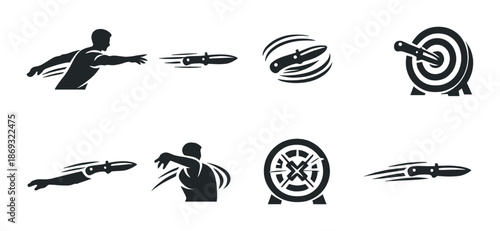 Silhouette knife throwing: target practice icons and action poses