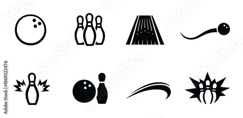 Bowling icons set: ball, pins, lane, strike symbols on dark background