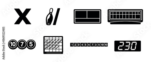 Bowling symbols on grey background featuring scoreboard and pins