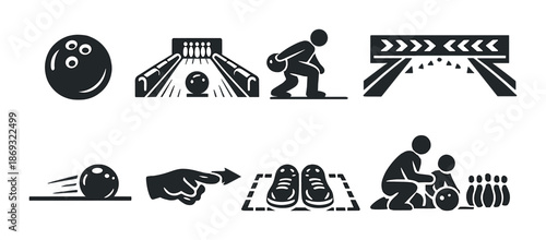 Bowling icon set: ball, pins, players, lane, shoes, actions