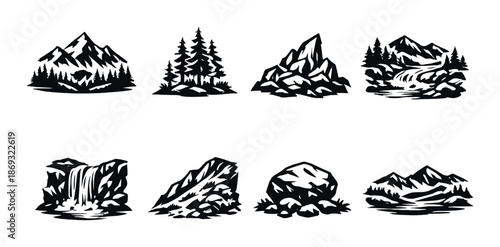 Monochrome mountain and forest landscapes set against gradient gray background