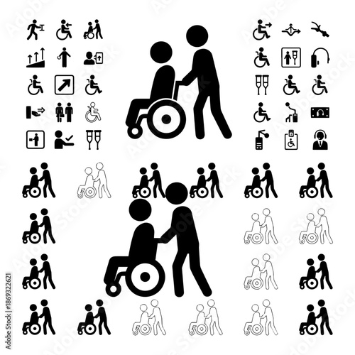 medical icons, wheel chair patient and other equipment medical silhouette pack 