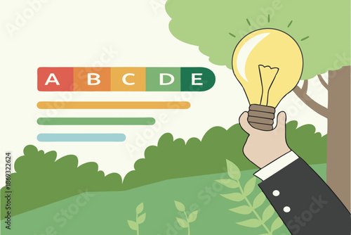  A close-up photograph of a hand holding a glowing light bulb, with a colorful energy efficiency diagram behind it. The diagram shows a light bulb with energy efficiency levels labeled A, B, C, D, a